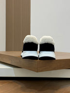 Prada unisex sneakers heel view, black uppers with sherpa collar and white soles