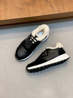 Prada unisex lace-up sneakers, black uppers with sherpa collar and white rubber sole