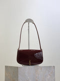 YSL mini shoulder bag in burgundy patent leather, curved flap with gold YSL clasp
