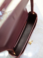 Mini shoulder bag interior close-up, gold clasp hardware on burgundy lining