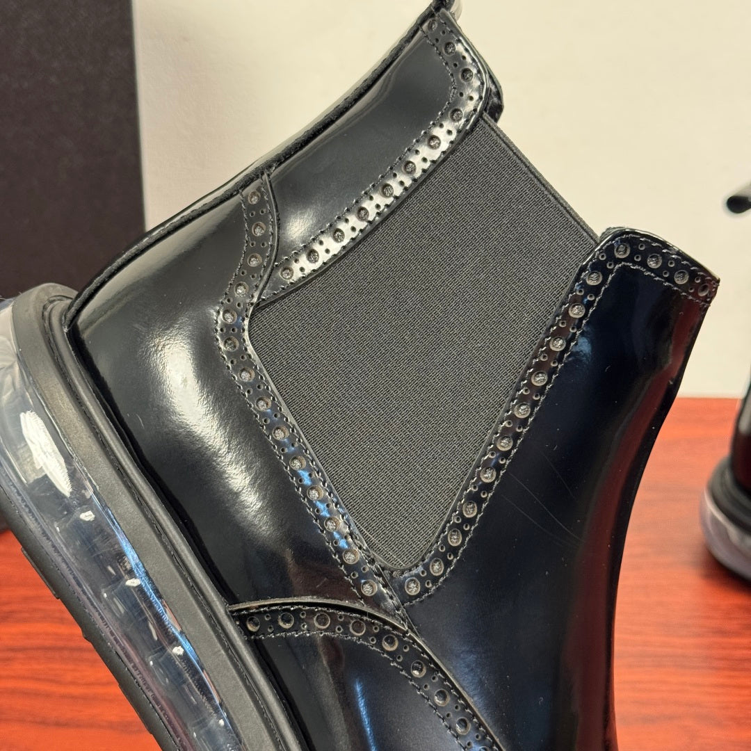 Prada chelsea boot side panel, black leather with elastic gore and studded trim