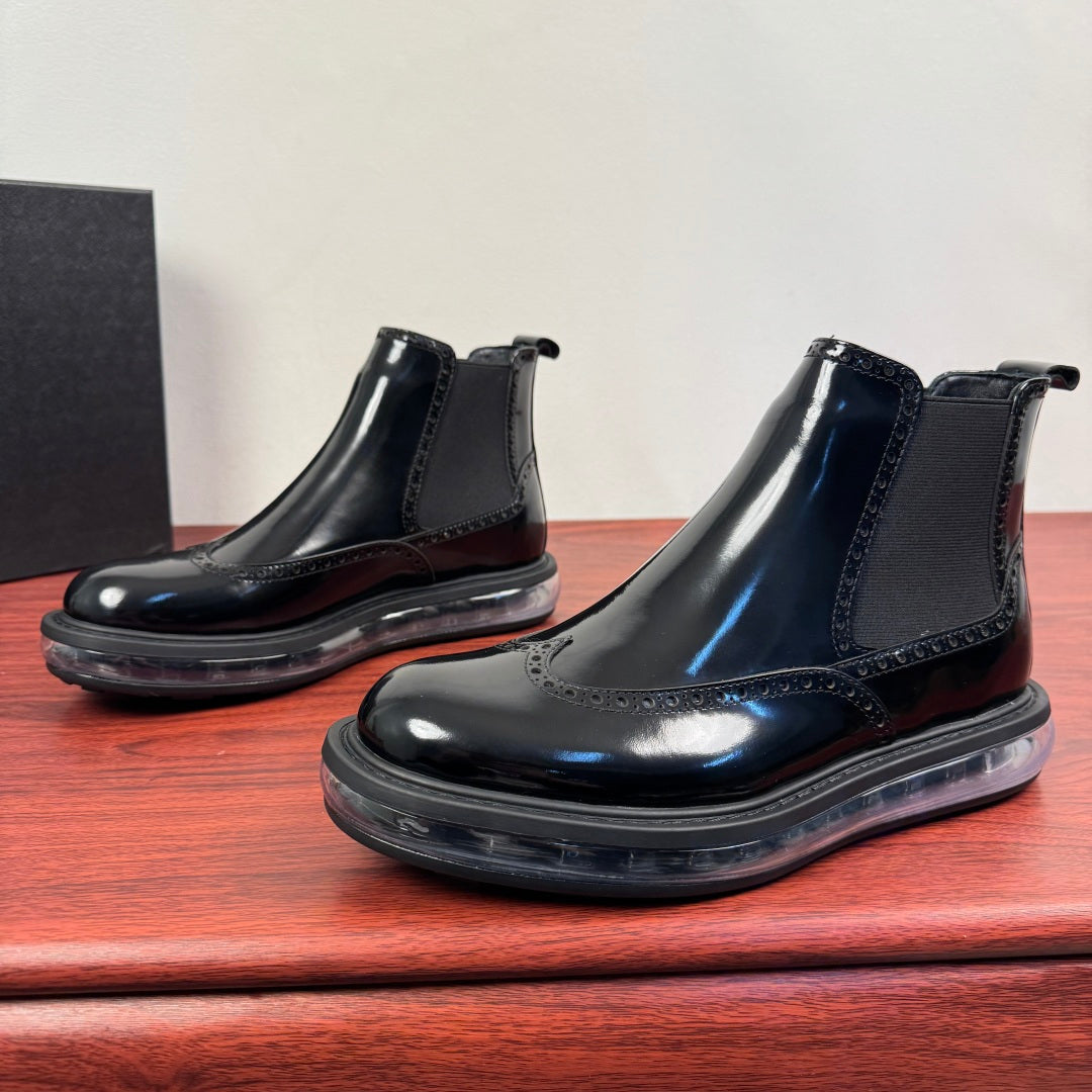 Prada chelsea boots, glossy black finish with elastic gore and rounded toe