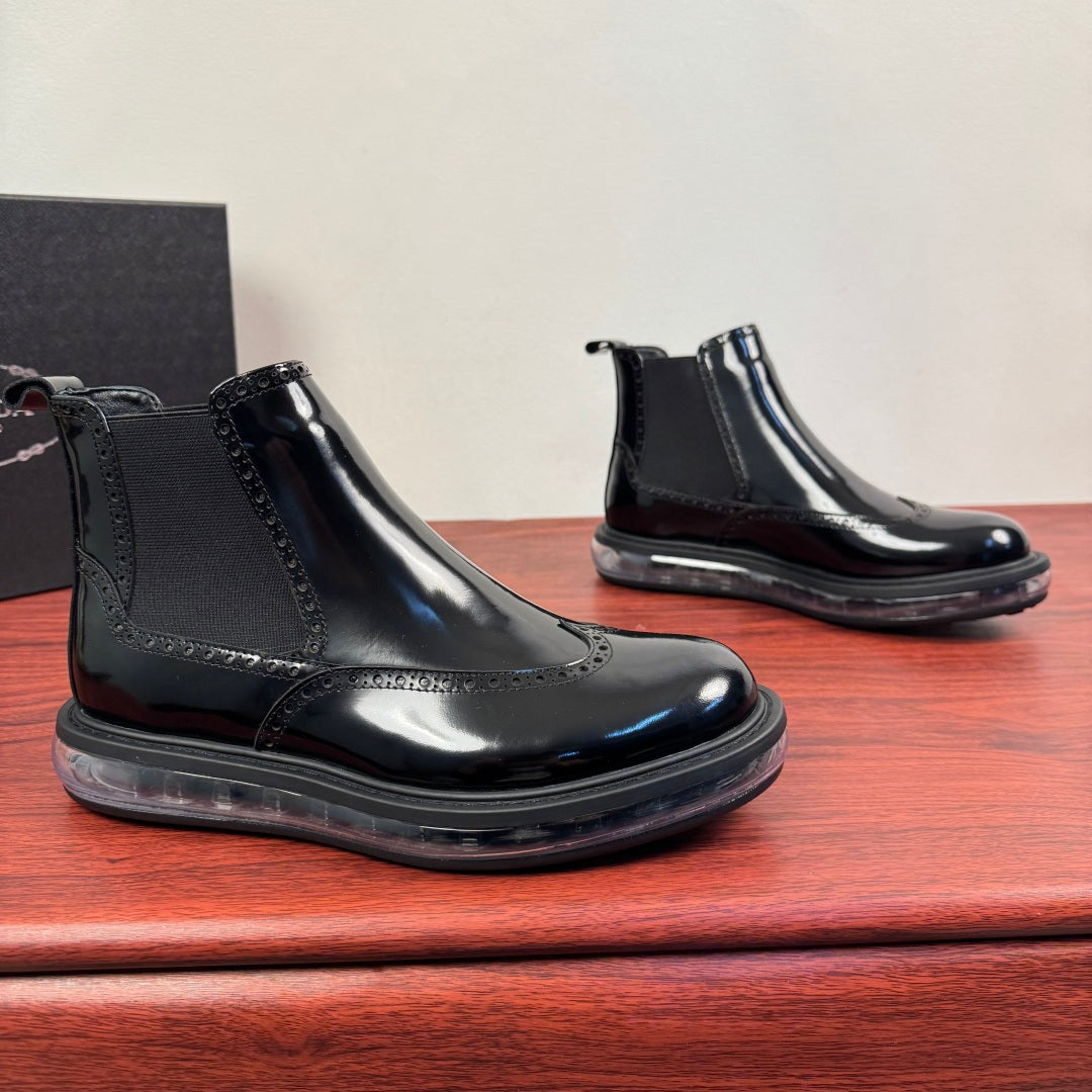 Prada chelsea boots, glossy black leather with elastic side panels and rubber sole