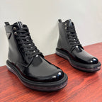 Black lace-up ankle boots with raised collar and chunky sole