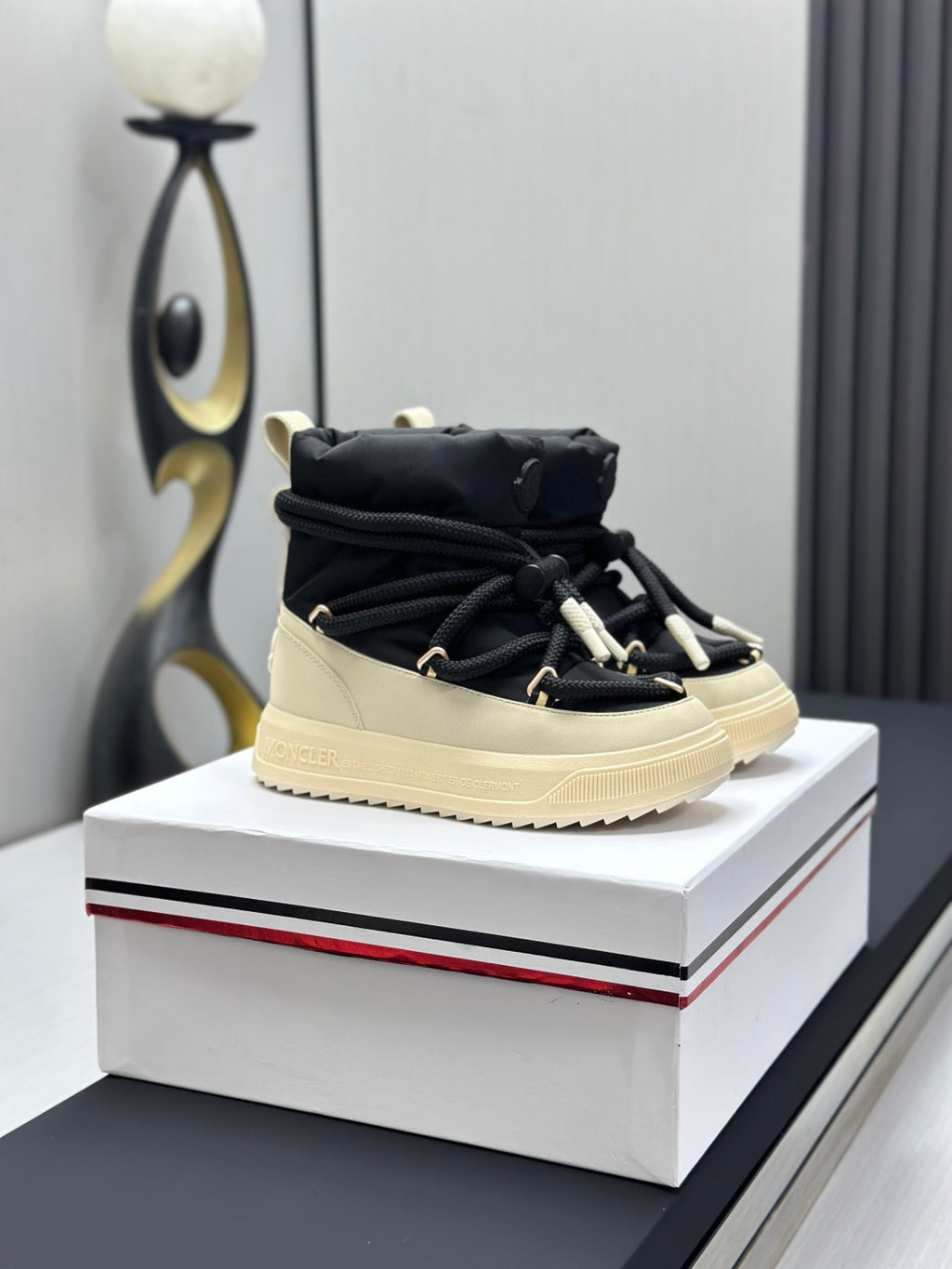 Moncler lace-up high-top sneakers, black fabric and cream rubber sole