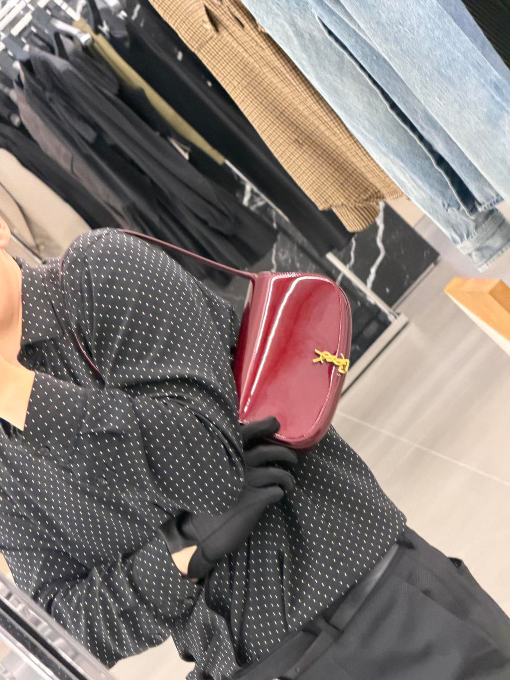 YSL burgundy glossy mini shoulder bag held in place with top handle and gold logo