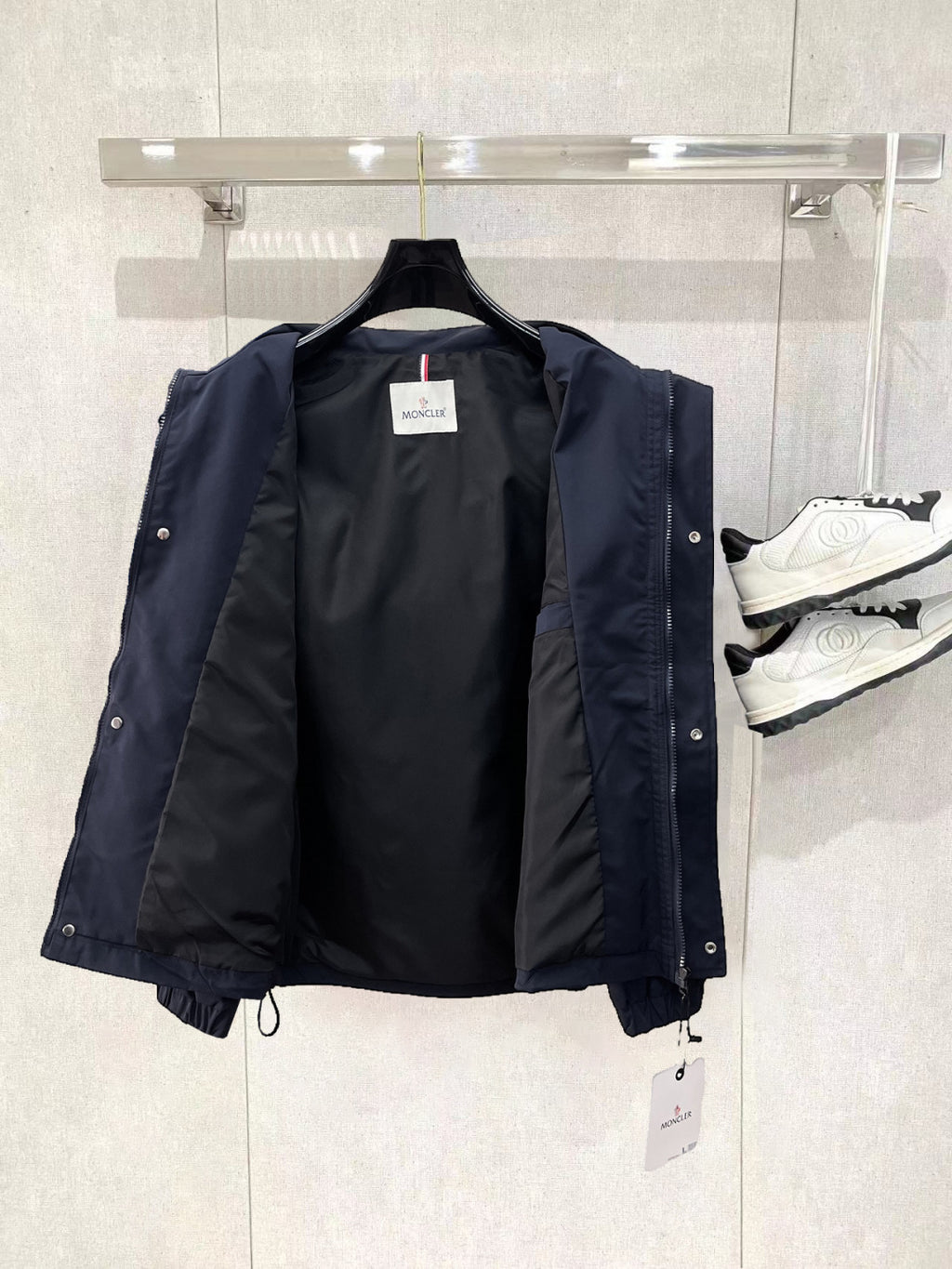 Navy Moncler long hooded jacket open front with inner lining