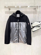 Moncler long hooded jacket, black sleeves with silver center panel and zip front