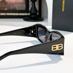 Black sunglasses with gold BB emblem on temple and dark lenses in side view