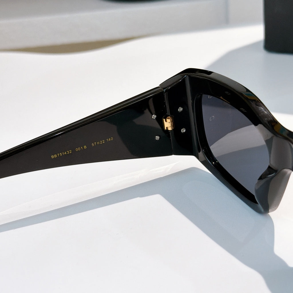 Black sunglasses showing inner frame and gold hinge details near lens