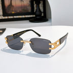 Sunglasses with dark gray lenses and black frame, gold bars on temples