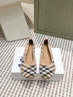 Burberry check slip-on ballet flats with tan inner and low rounded toe