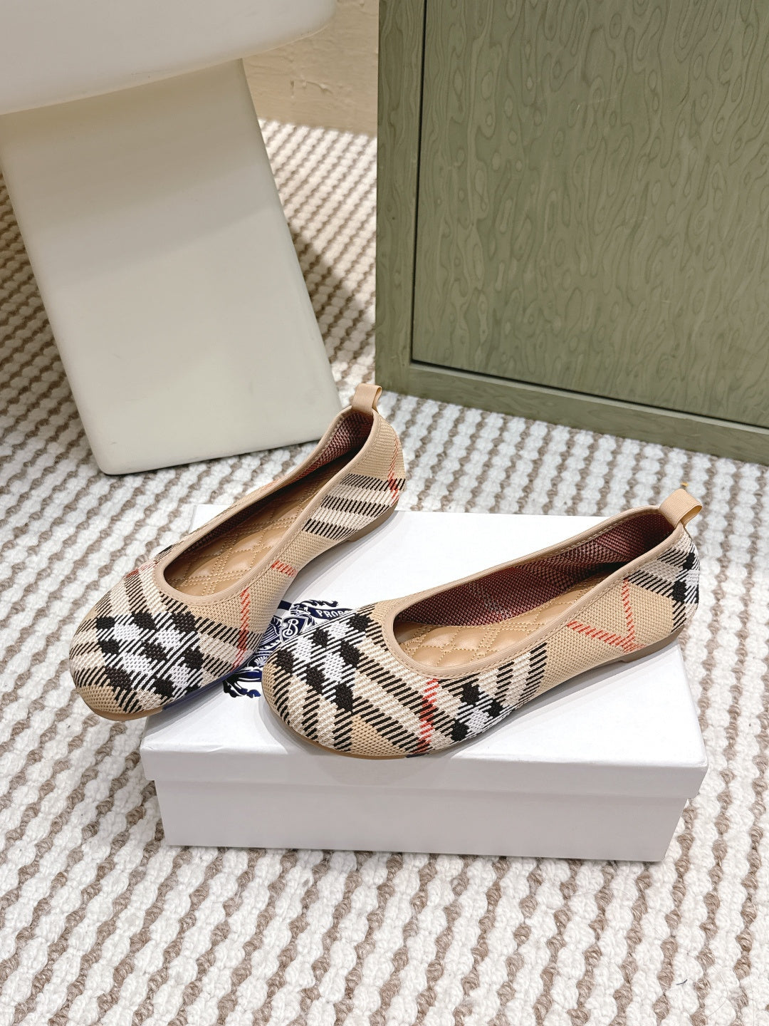 Burberry check slip-on ballet flats on box, tan lining and low rounded toe