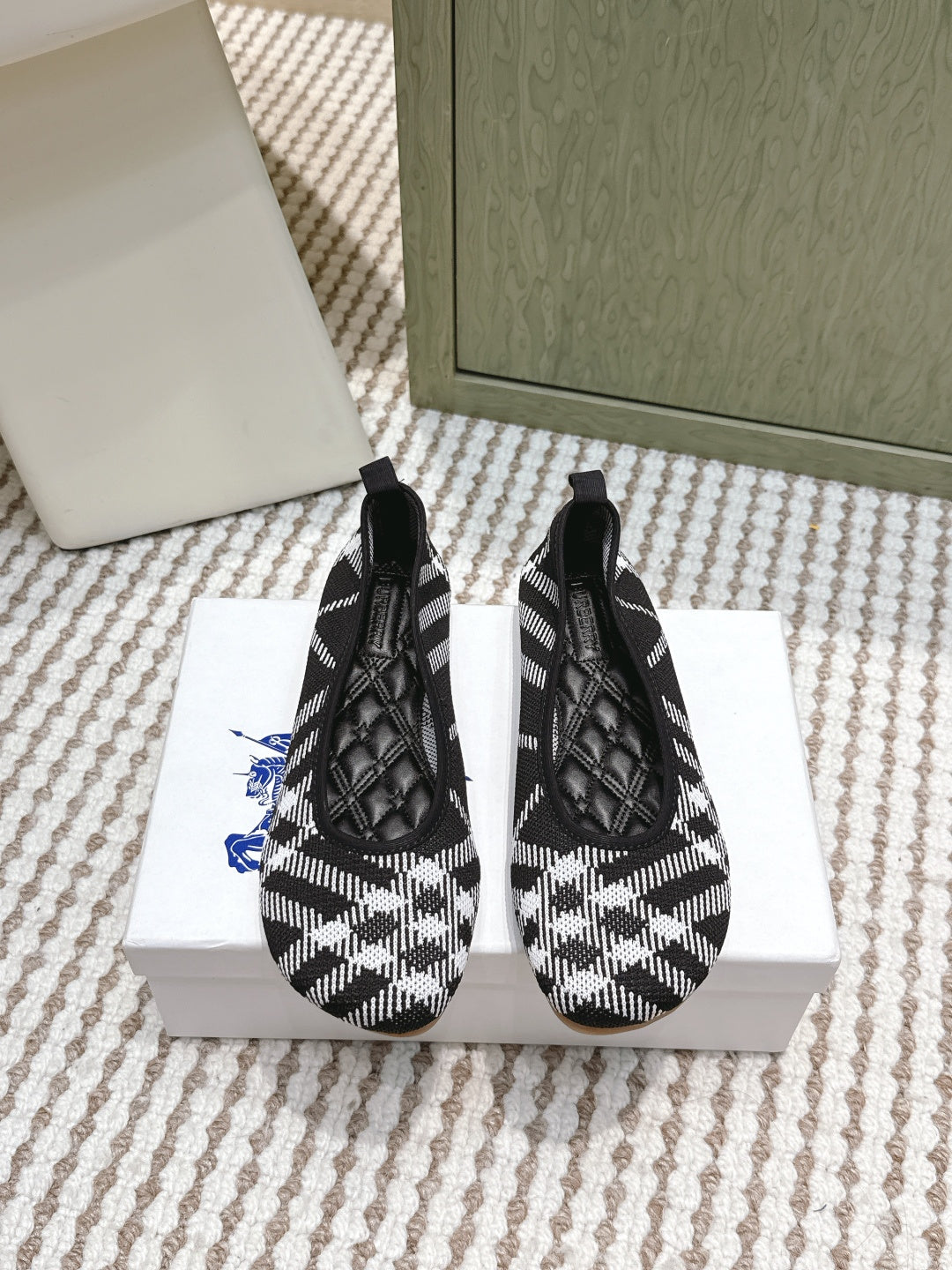 Burberry check-pattern slip-on shoes, black and white, quilted-look upper