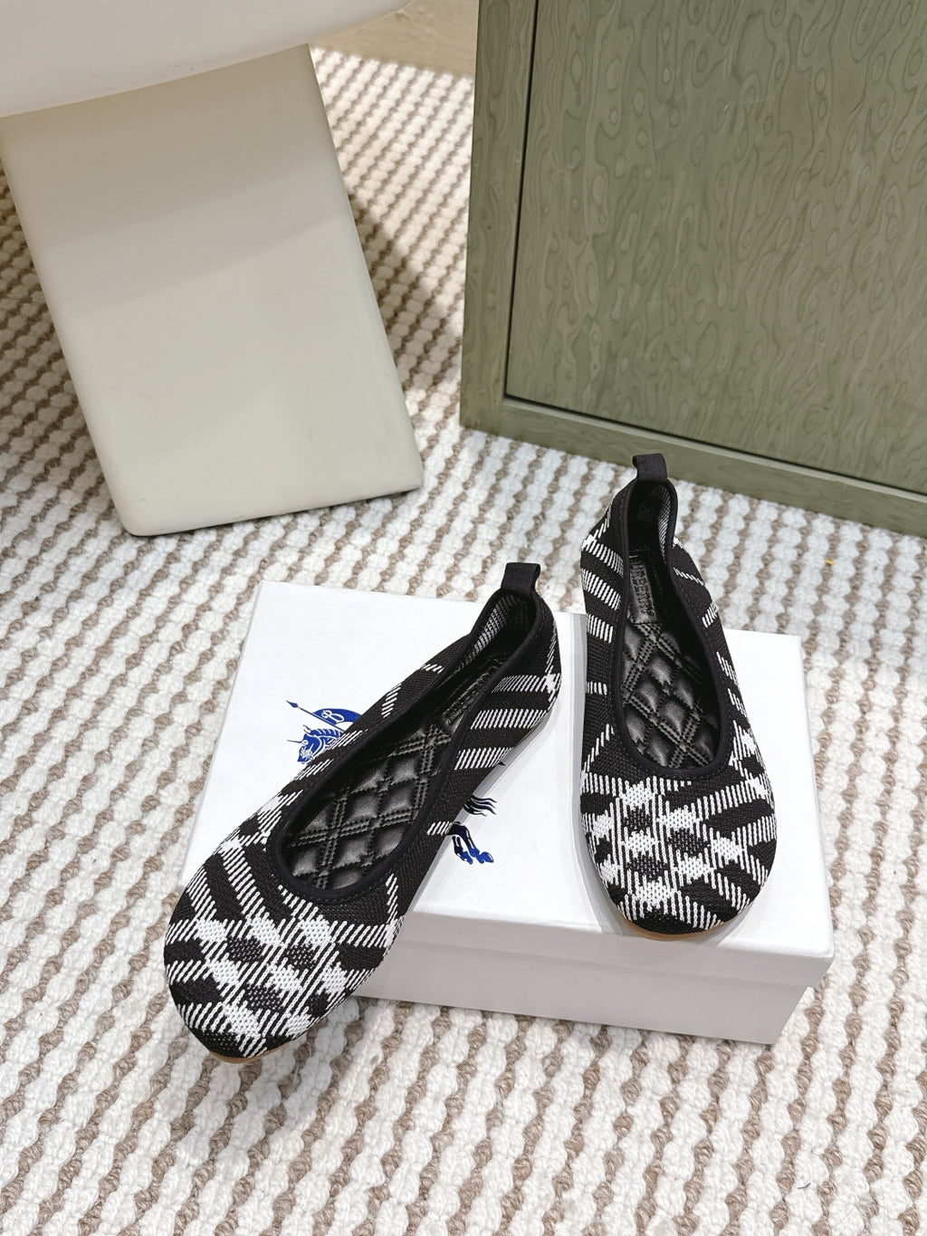 Burberry slip-on shoes, black-and-white check fabric with black interior lining