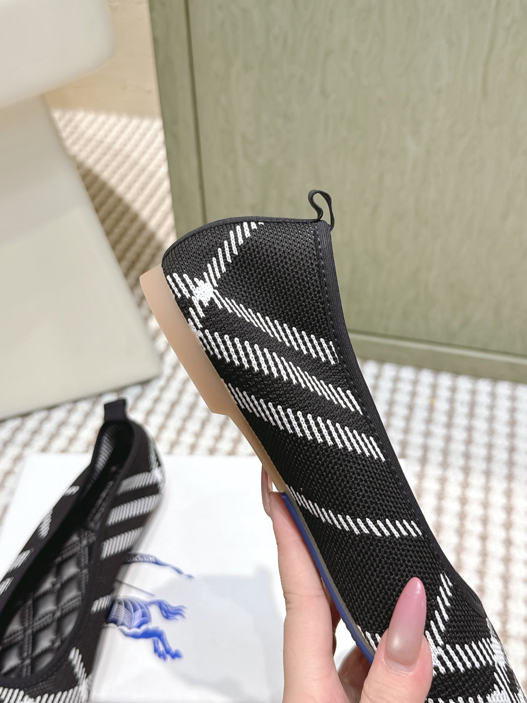 Burberry side view slip-on shoe, black-and-white check fabric with elastic collar