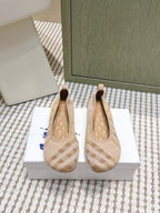 Burberry check-pattern slip-on flats with blue bow detail, beige