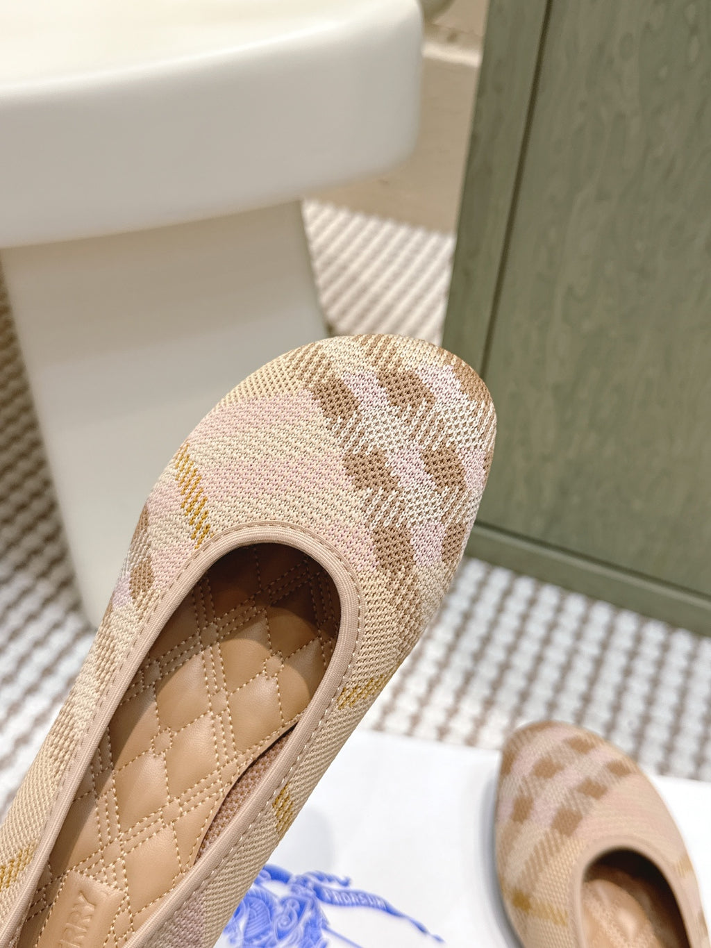 Burberry check-pattern slip-on flat with beige woven upper, close-up