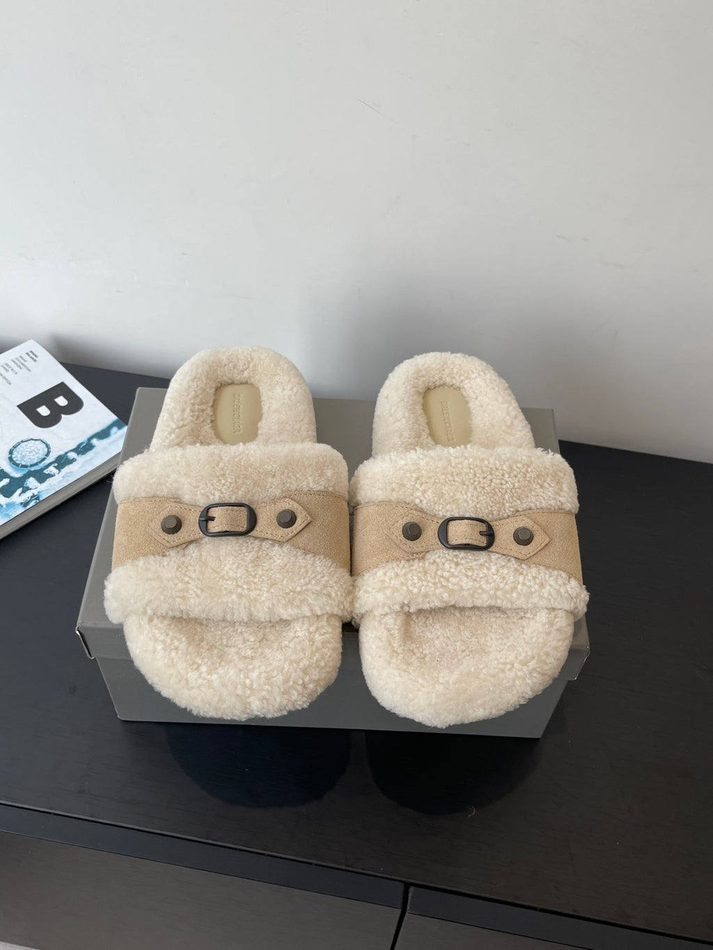 Balenciaga shearling slide sandals, beige sherpa with buckled strap on top