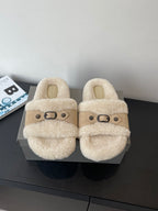 Balenciaga shearling slide sandals, beige sherpa with buckled strap on top