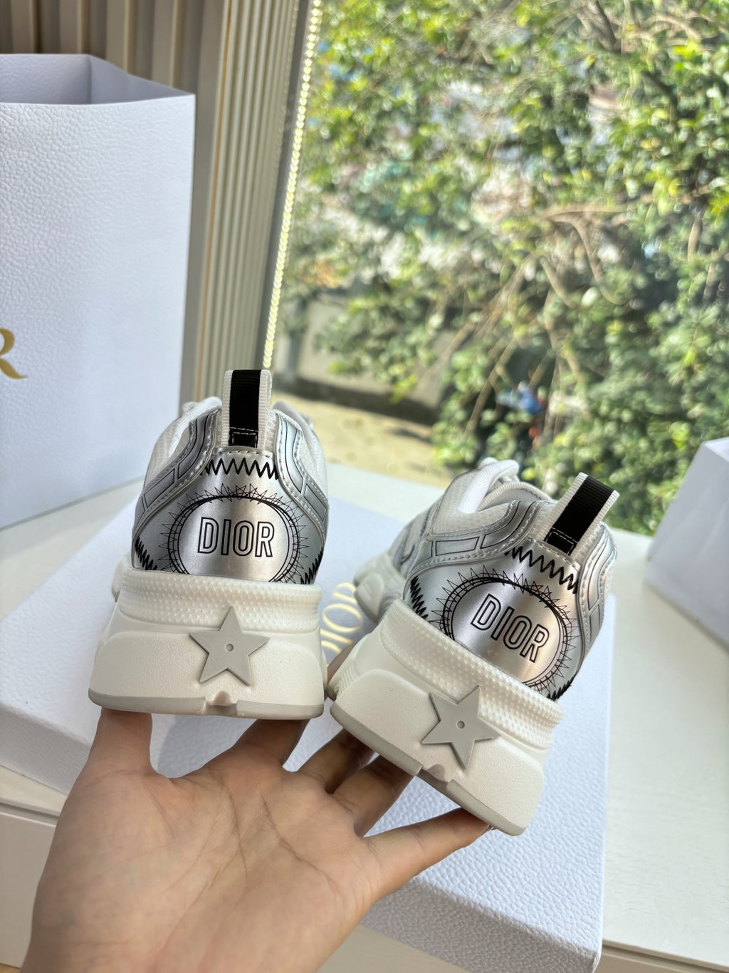 Ladies' gray sneakers with "Dior" heel branding and star accents on the sole