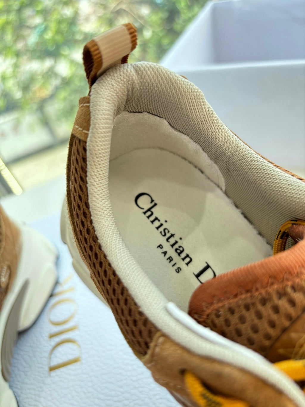 Brown sneaker interior lining showing 'Christian Dior Paris' text