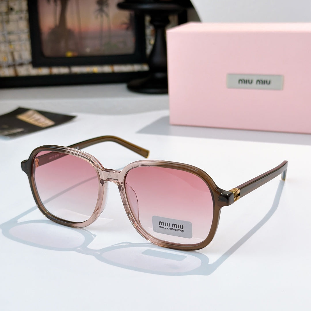 MiuMiu translucent rose sunglasses with pink lenses and gold-tone hinges; logo on temple.