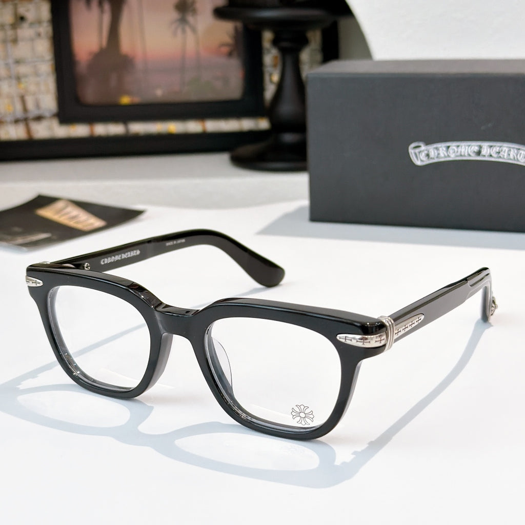 Dark gray eyeglasses with clear lenses and silver temple arms.