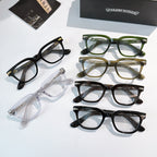 Assorted eyeglasses set with green, brown, black, and transparent frames.