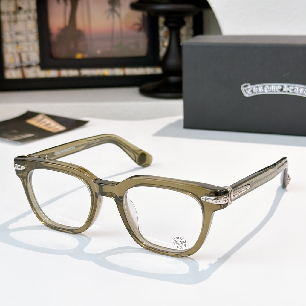 Olive eyeglasses with clear lenses and silver temple arms.