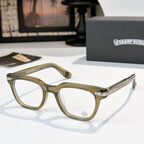 Olive eyeglasses with clear lenses and silver temple arms.