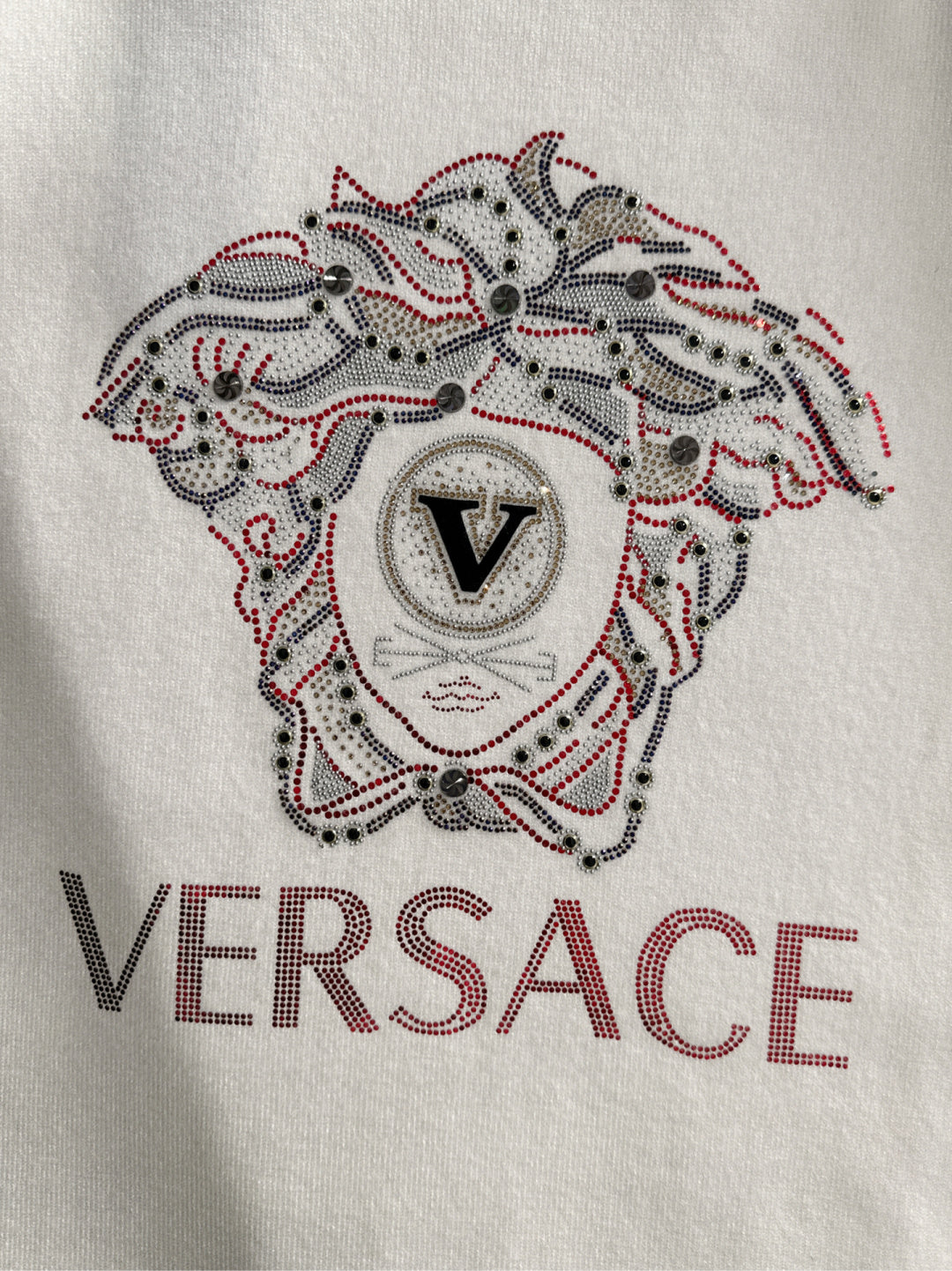 White Versace sweatshirt close-up of rhinestone dog emblem and VERSACE logo text
