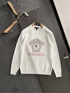 White Versace crewneck sweatshirt with rhinestone dog graphic on the chest