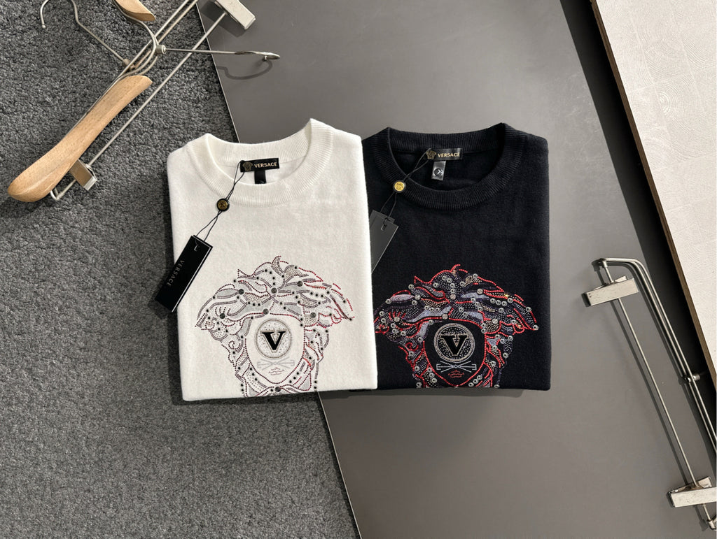 Versace sweatshirt set: white and black crewnecks with rhinestone dog emblem graphics