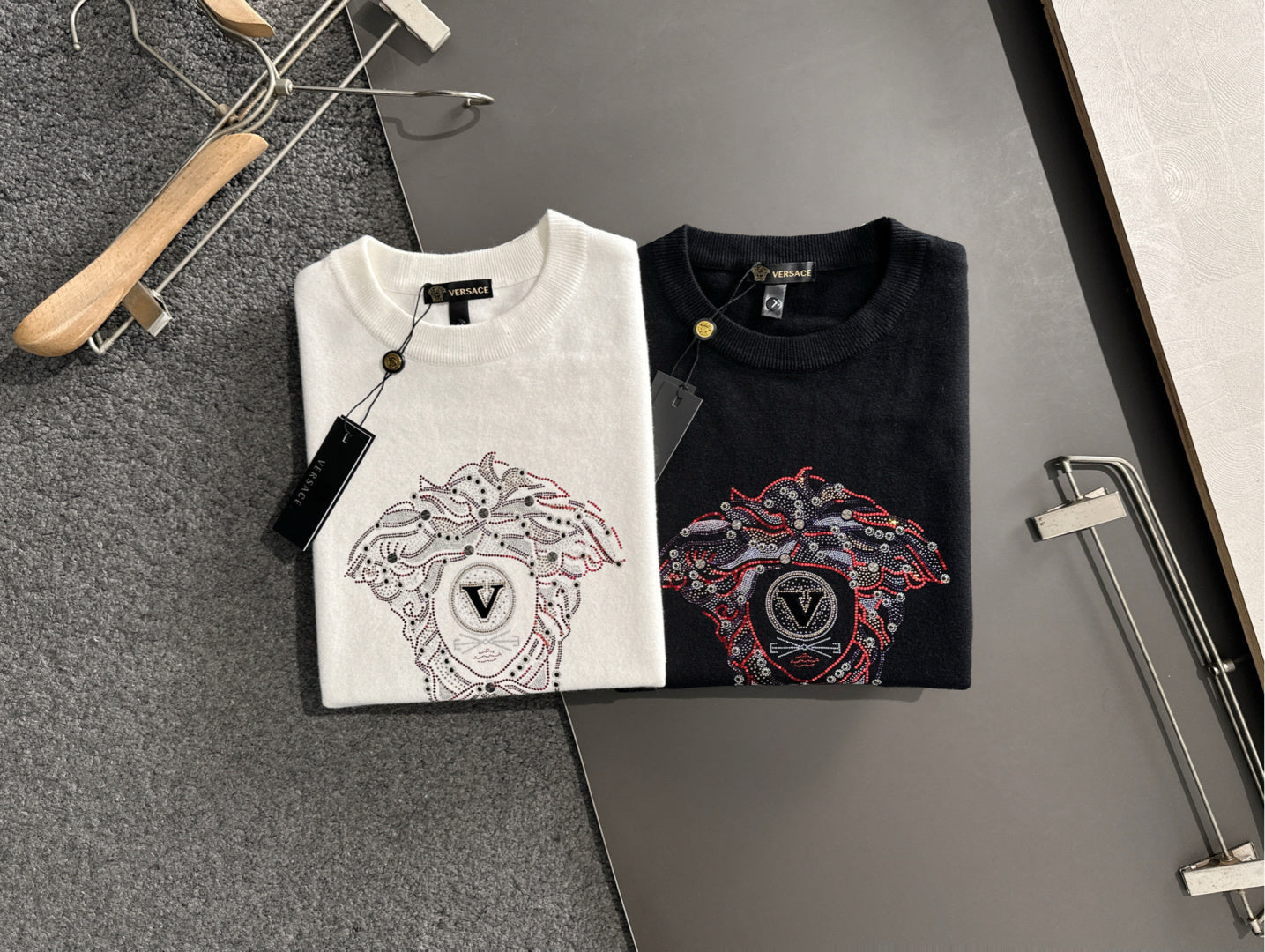 Versace sweatshirt set: white and black crewnecks with rhinestone dog emblem graphics