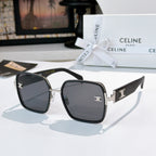 Celine square sunglasses with black frame and dark gradient lenses, gold logo temple detail.