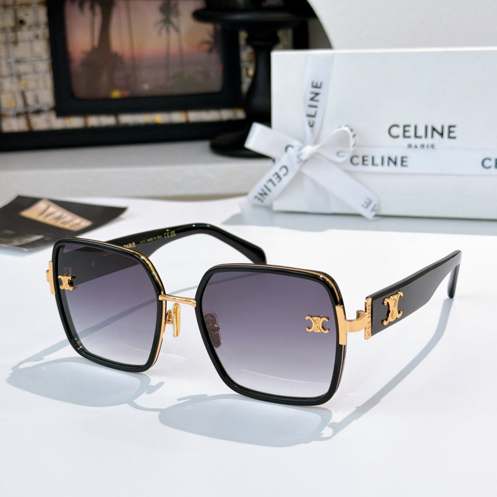 Celine square sunglasses with black frame and dark gradient lenses, gold logo temple.