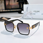 Celine square sunglasses with black frame and dark gradient lenses, gold logo temple.