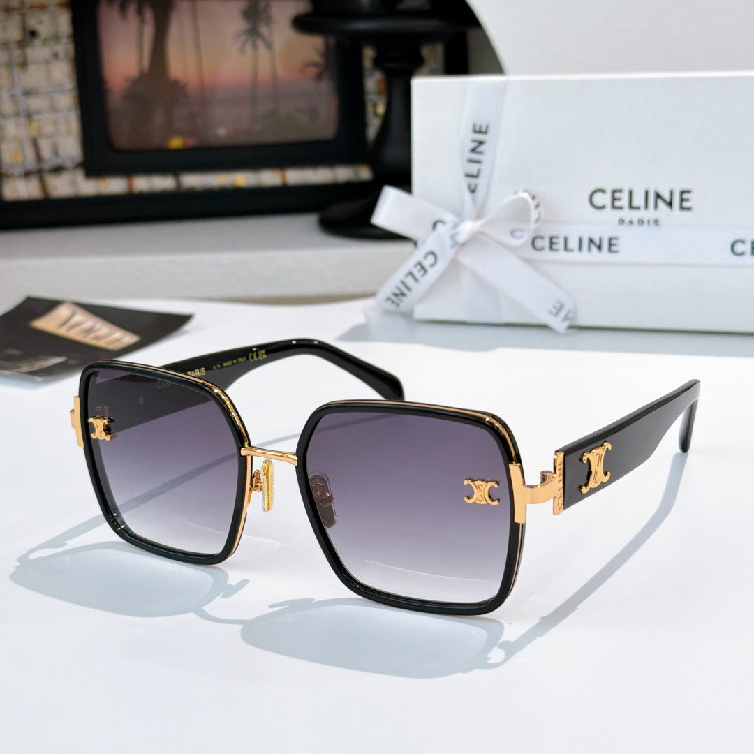 Celine square sunglasses with black frame and dark gradient lenses, gold logo temple.