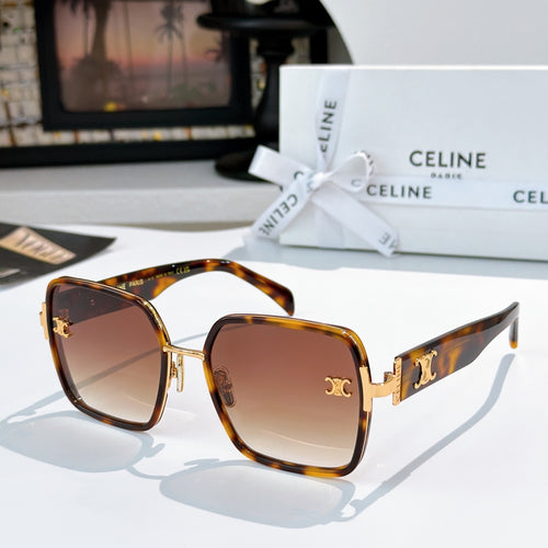 Celine square sunglasses with tortoise frame and brown gradient lenses, gold logo temple.
