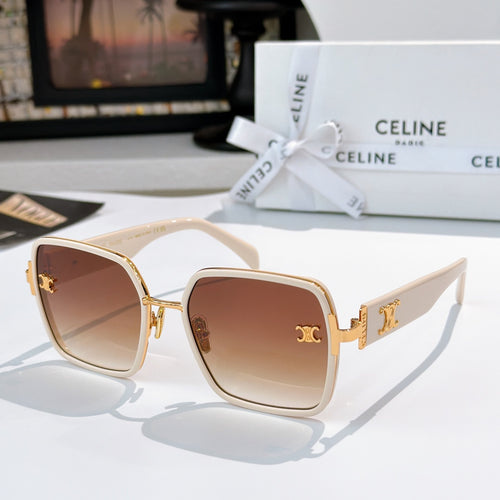 Celine square sunglasses with cream frame and brown gradient lenses, gold logo temple.
