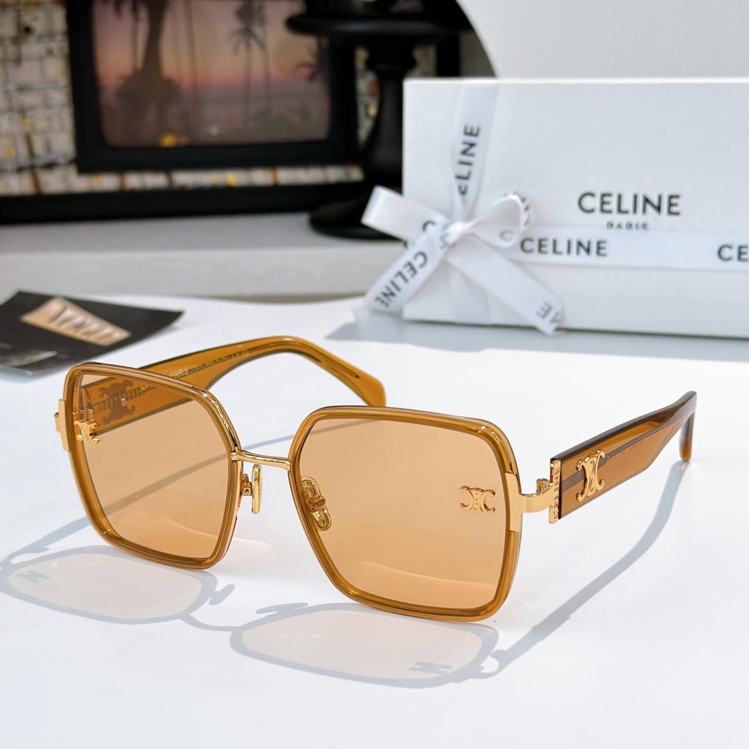 Celine square sunglasses with amber frame and tan gradient lenses, gold logo temple.