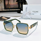 Celine square sunglasses with green frame and amber gradient lenses, gold logo temple.