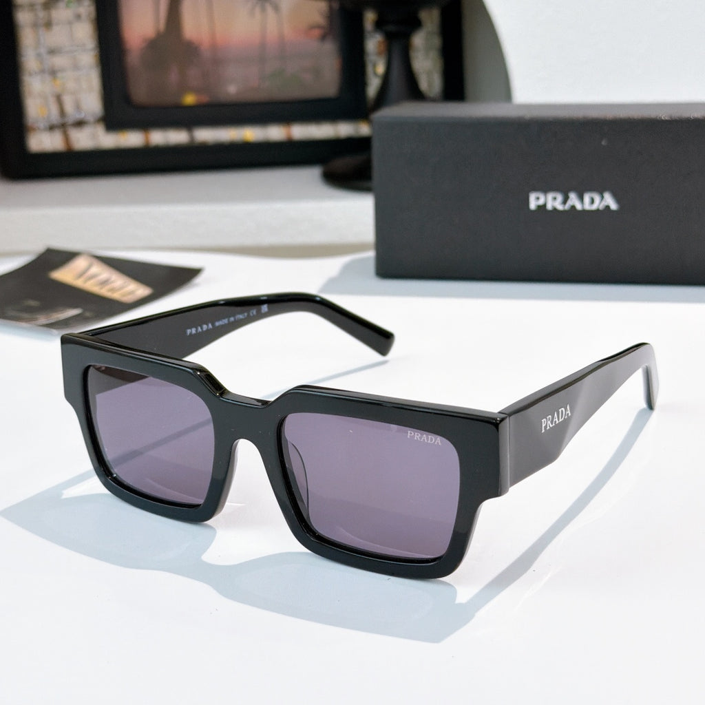 Prada sunglasses, dark rectangular frame with purple-tinted lenses