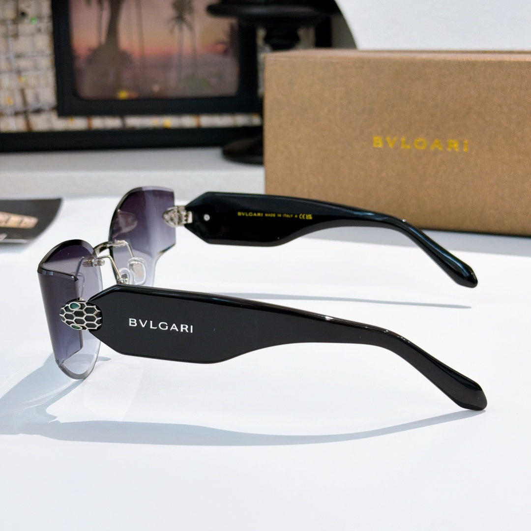 Bvlgari cat-eye sunglasses, black frame with purple lenses, side logo temple.