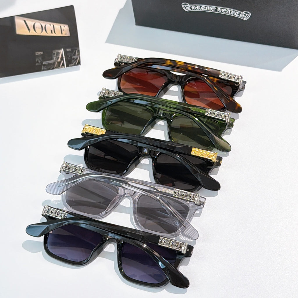 Sunglasses set with mixed frame colors, tinted lenses, and silver ornate temple details.