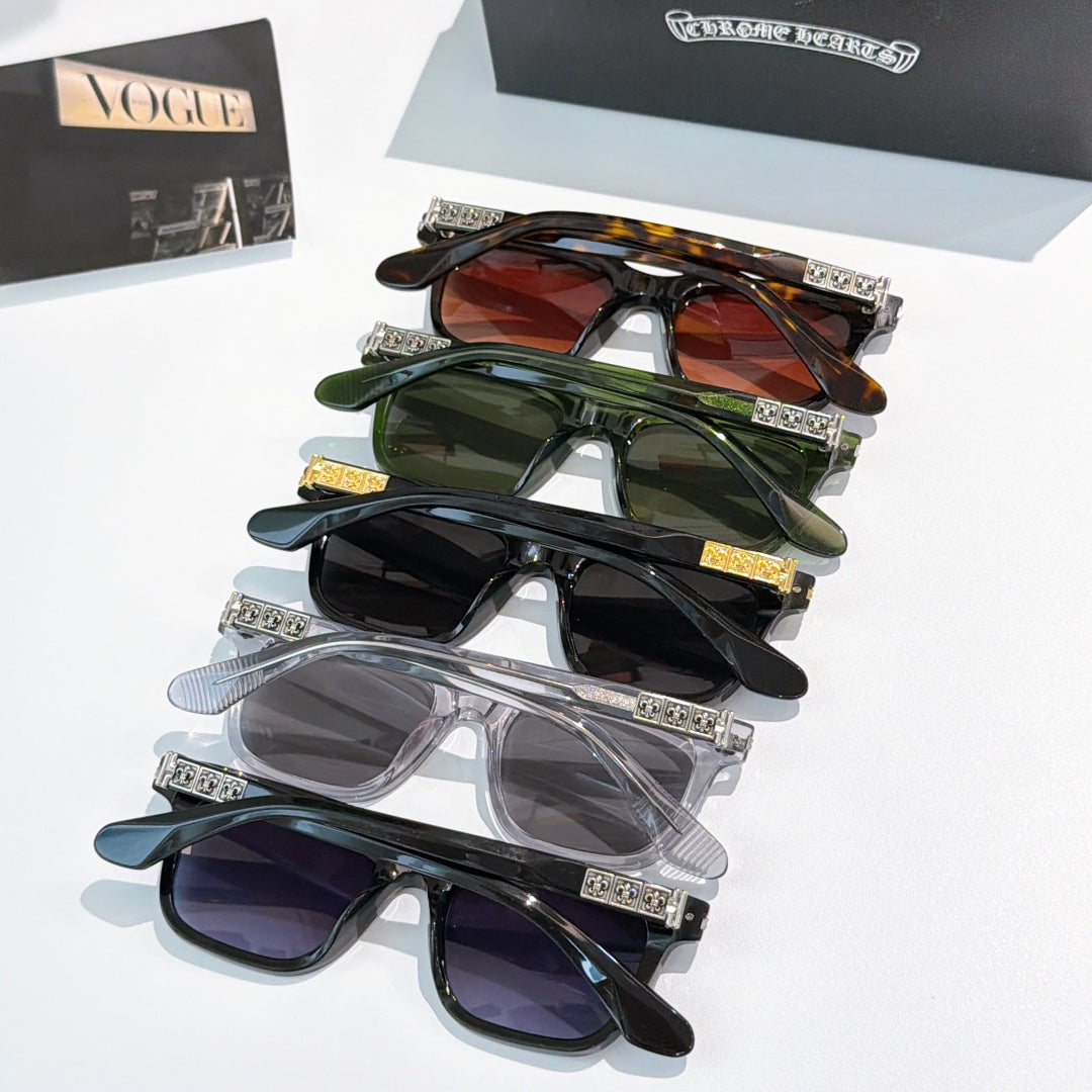 Sunglasses set with mixed frame colors, tinted lenses, and silver ornate temple details.