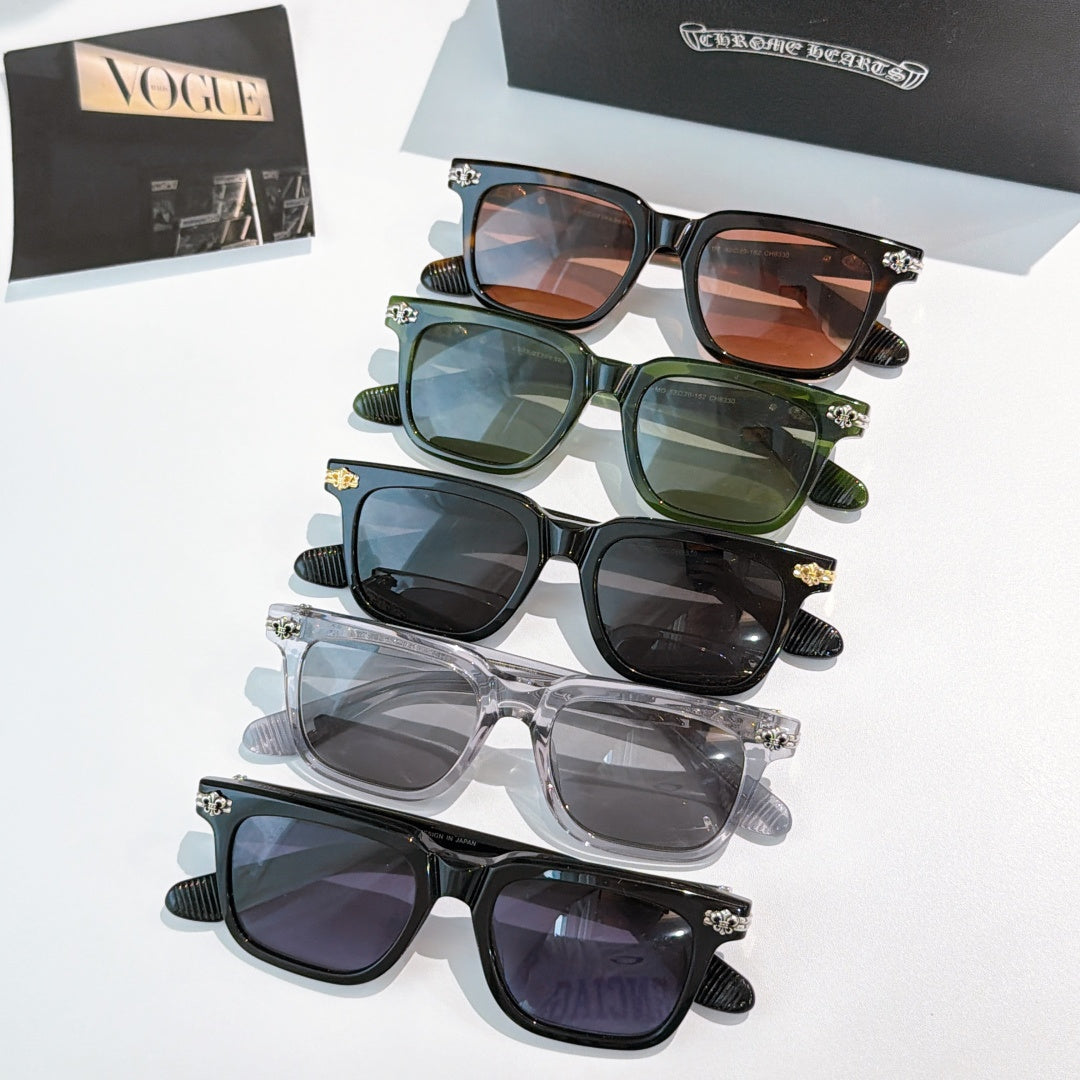 Sunglasses set of five with mixed frame colors, tinted lenses, and silver ornate temple details.