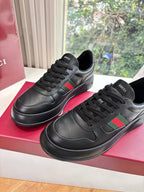 Gucci women's black leather sneakers, lace-up with green red stripe on side