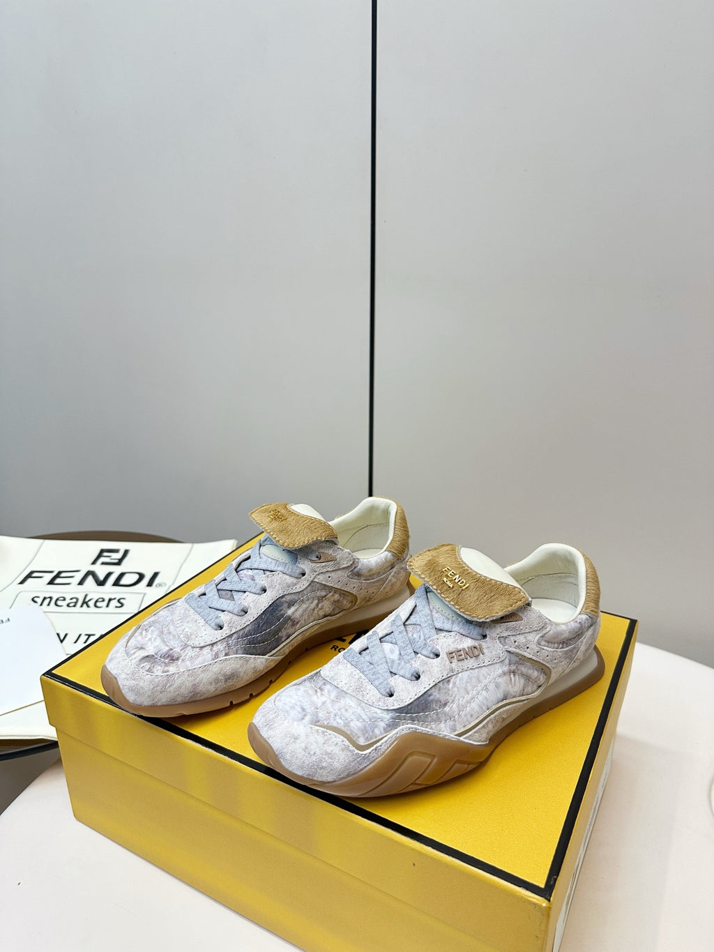 Fendi unisex sneakers, light gray upper with tan hook-and-loop strap